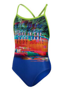 Speedo Girl's Fast Lane Placement Vback Swimsuit - Blue/ Lime/ Salso/ White