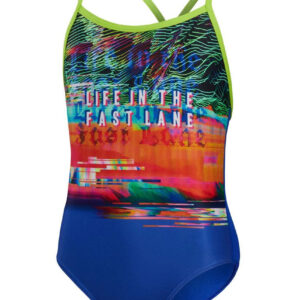 Speedo Girl's Fast Lane Placement Vback Swimsuit - Blue/ Lime/ Salso/ White-0