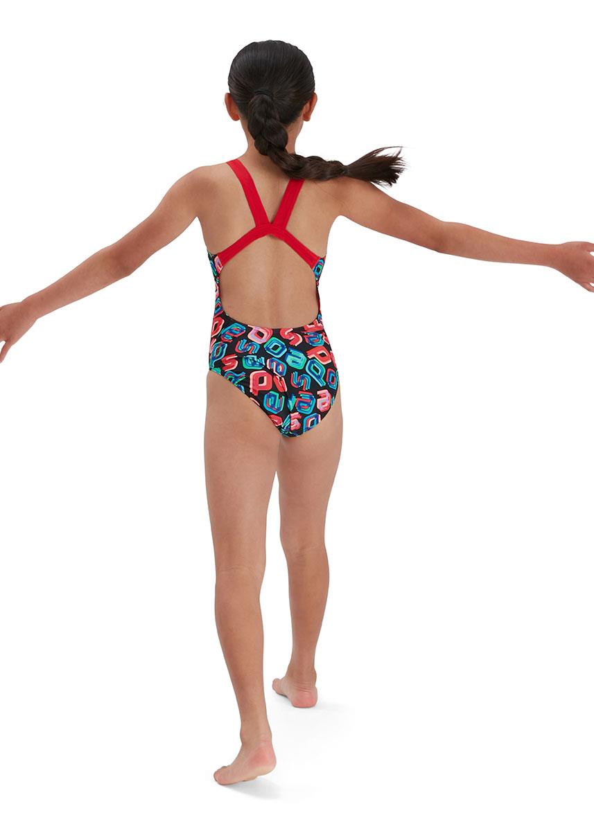 Speedo Girl's Digital Allover Leaderback Swimsuit - Black/ Red/ Pink/ Blue-brand