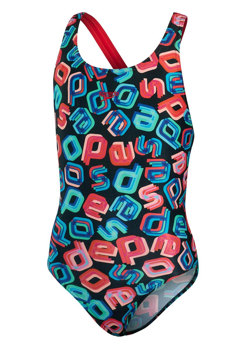 Speedo Girl's Digital Allover Leaderback Swimsuit - Black/ Red/ Pink/ Blue-561904