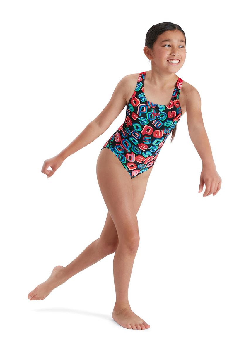 Speedo Girl's Digital Allover Leaderback Swimsuit - Black/ Red/ Pink/ Blue-561902