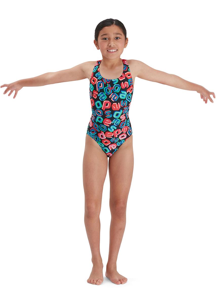 Speedo Girl's Digital Allover Leaderback Swimsuit - Black/ Red/ Pink/ Blue-561900