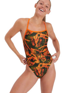 Speedo Women's Wall Spray Allover Vback Swimsuit - Salso/ Black/ Olive