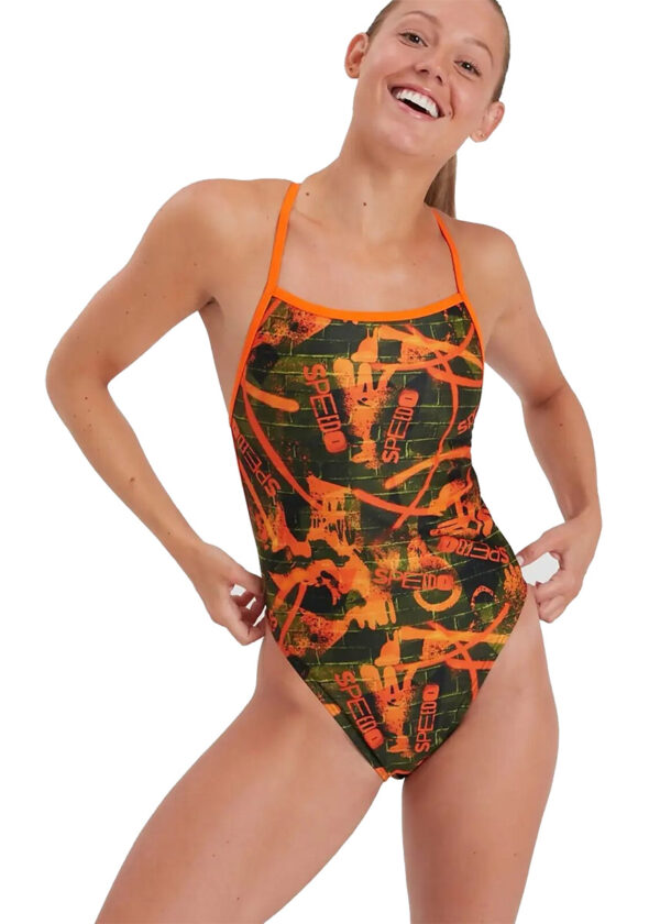 Speedo Wall Spray Allover Vback Swimsuit - Salso/ Black/ Olive