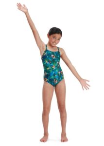 Speedo Girl's Allover Thinstrap Muscleback Swimsuit - Black/ Petrol/ Salso/ Pink