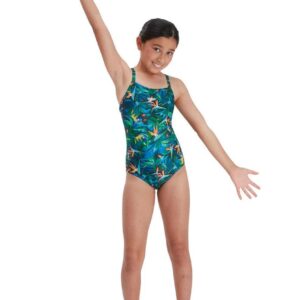 Speedo Girl's Allover Thinstrap Muscleback Swimsuit - Black/ Petrol/ Salso/ Pink-0