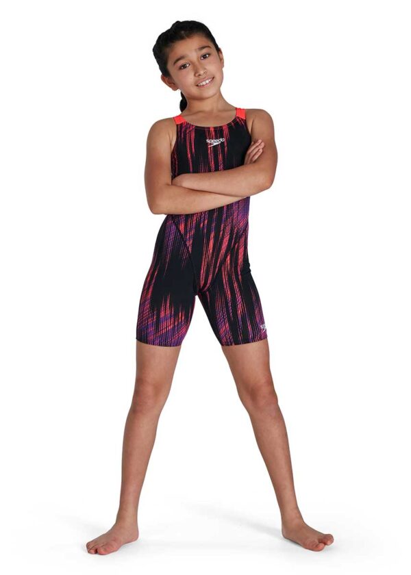 Speedo Girl's Fastskin Endurance+ Openback Kneeskin - Black/ Phoenix Red/ Violet