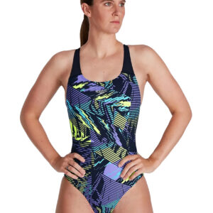 Speedo Placement Powerback Swimsuit - Navy/ Ultraviolet/ Yellow/ Adriatic