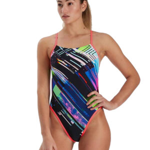 Speedo Glitchzone Placement Ribbonback Swimsuit - Black/ Multi