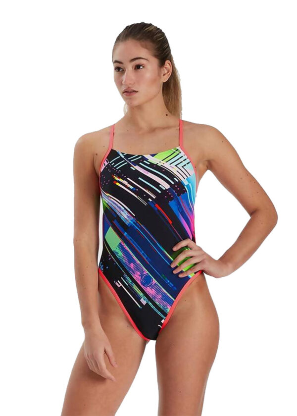 Speedo Glitchzone Placement Ribbonback Swimsuit - Black/ Multi