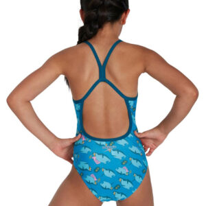 Speedo Girl’s Flipper Phone Allover Vback Swimsuit – Pool/ Adriatic/ Teal/ Yellow