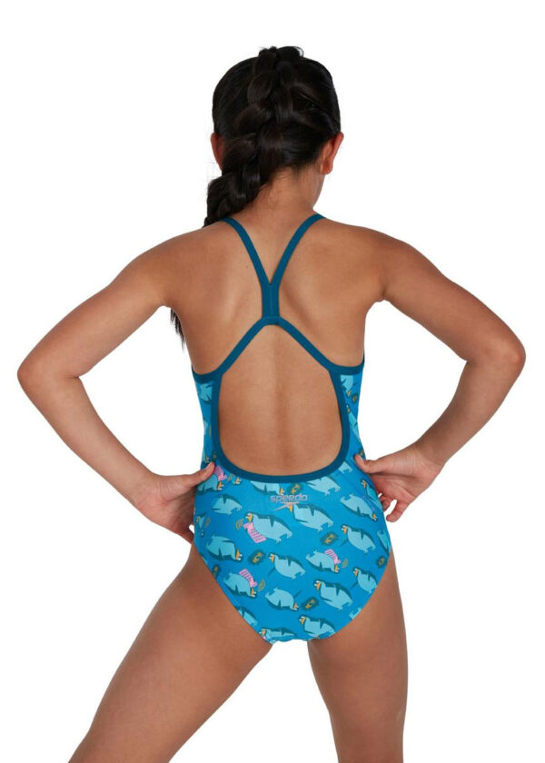 Speedo Girl’s Flipper Phone Allover Vback Swimsuit – Pool/ Adriatic/ Teal/ Yellow