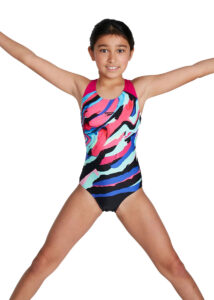 Speedo Girl's Digital Placement Splashback Swimsuit - Black/ Pink/ Pool/ Blue