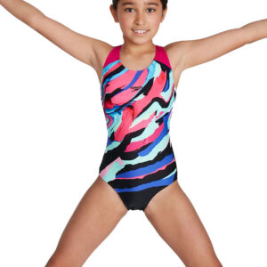 Speedo Girl's Digital Placement Splashback Swimsuit - Black/ Pink/ Pool/ Blue-0