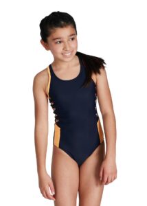 Speedo Girl's Boom Logo Splice Muscleback Swimsuit - True Navy/ Papaya Punch