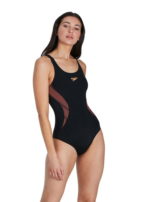 Speedo Placement Muscleback Swimsuit - Black/ Magenta/ Papaya Punch