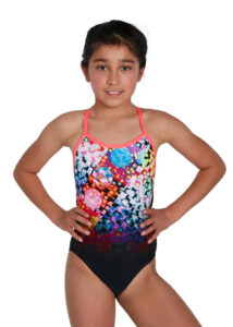 Speedo Girl's Polka Melt Placement Vback Swimsuit - Black/ Red/ Ultraviolet/ Adriatic/ Yellow