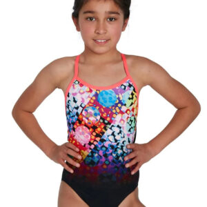 Speedo Girl's Polka Melt Placement Vback Swimsuit - Black/ Red/ Ultraviolet/ Adriatic/ Yellow