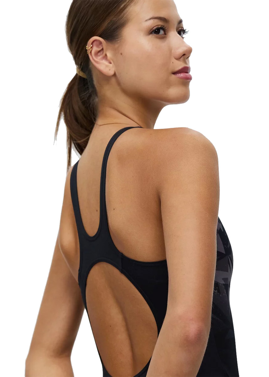 Back view Speedo Hyperboom Allover Medalist Swimsuit - Black/ Oxid Grey/ USA Charcoal
