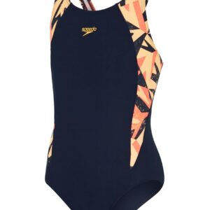 Speedo Girl's Hyperboom Splice Muscleback Swimsuit - True Navy/ Siren Red/ Papaya Punch-0