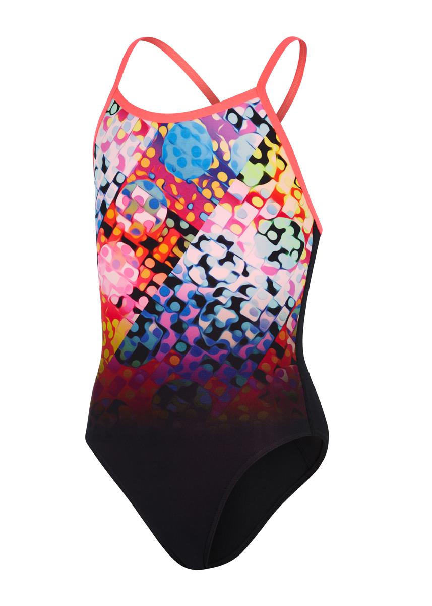 Speedo Girl's Polka Melt Placement Vback Swimsuit - Black/ Red/ Ultraviolet/ Adriatic/ Yellow-569142
