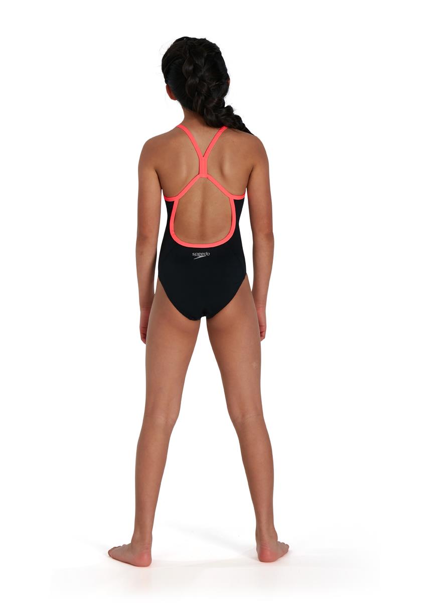 Speedo Girl's Polka Melt Placement Vback Swimsuit - Black/ Red/ Ultraviolet/ Adriatic/ Yellow-brand