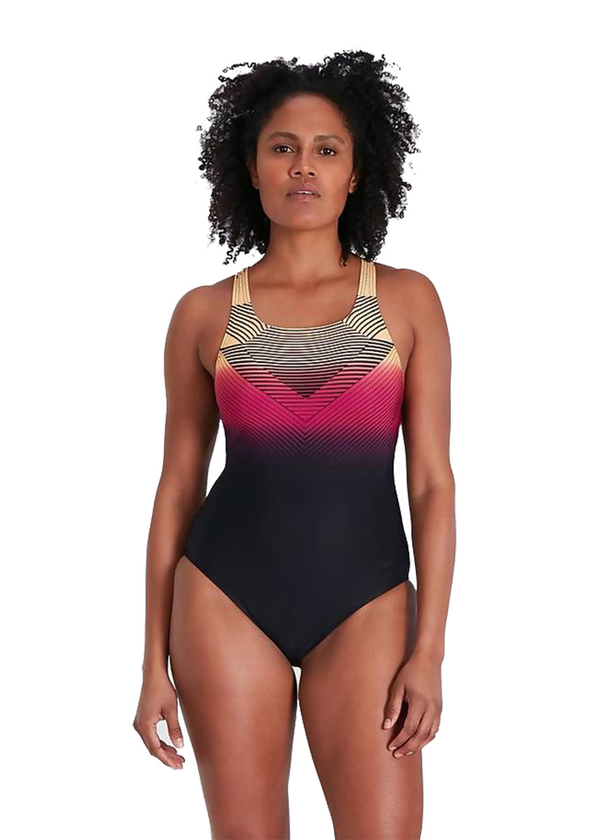 Speedo Digital Placement Medalist Swimsuit - Black/ Papaya Punch/ Magenta