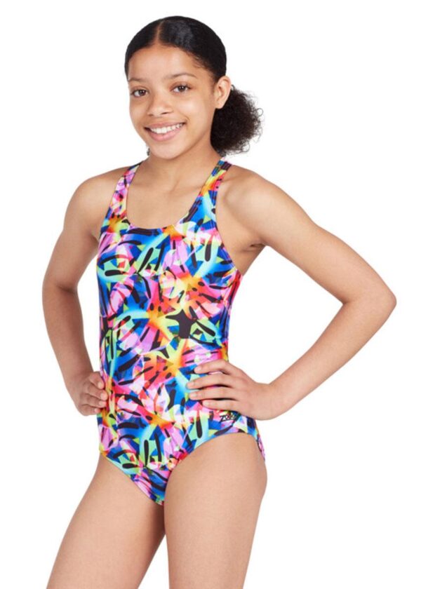 Zoggs Girls Rowleeback Swimsuit - Rainbow Palms Print-0