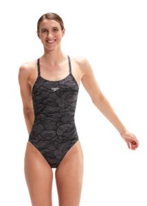 Speedo Allover Fixed Crossback Swimsuit - Black/ USA Charcoal