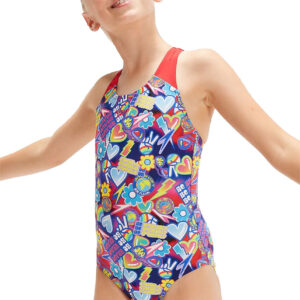 Speedo Girl's Digital Allover Splashback Swimsuit - Navy/ Red/ Blue/ Violet/ Yellow