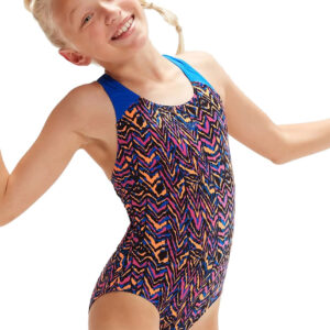 Speedo Girl's Allover Splashback Swimsuit - Black/ Blue Flame/ Boost Orange/ Rose Violet