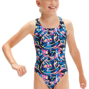 Speedo Girl's Digital Allover Leaderback Swimsuit - True Navy/ Black/ Blue Flame/ Rose Violet/ Bright Yellow