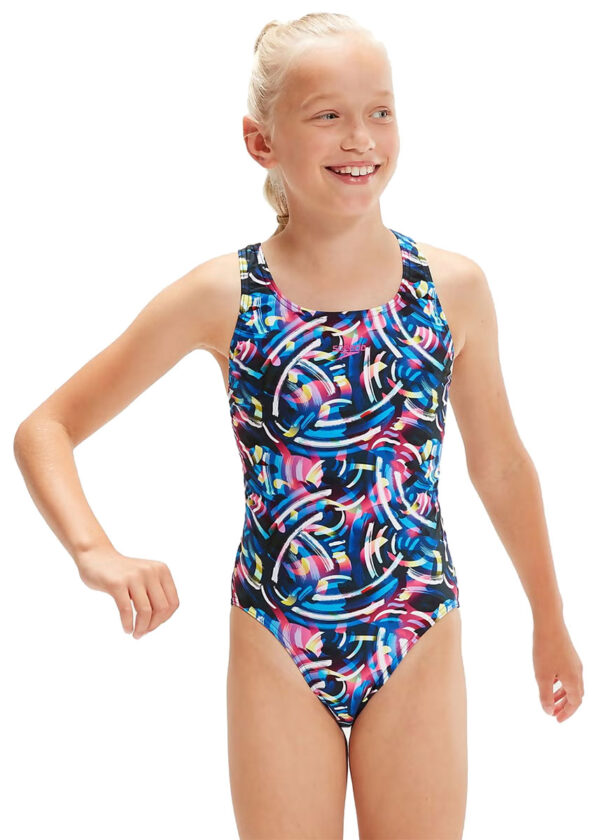 Speedo Girl's Digital Allover Leaderback Swimsuit - True Navy/ Black/ Blue Flame/ Rose Violet/ Bright Yellow