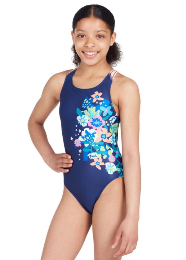 Zoggs Girls Flyback Swimsuit - Cosmic Flower Print-0