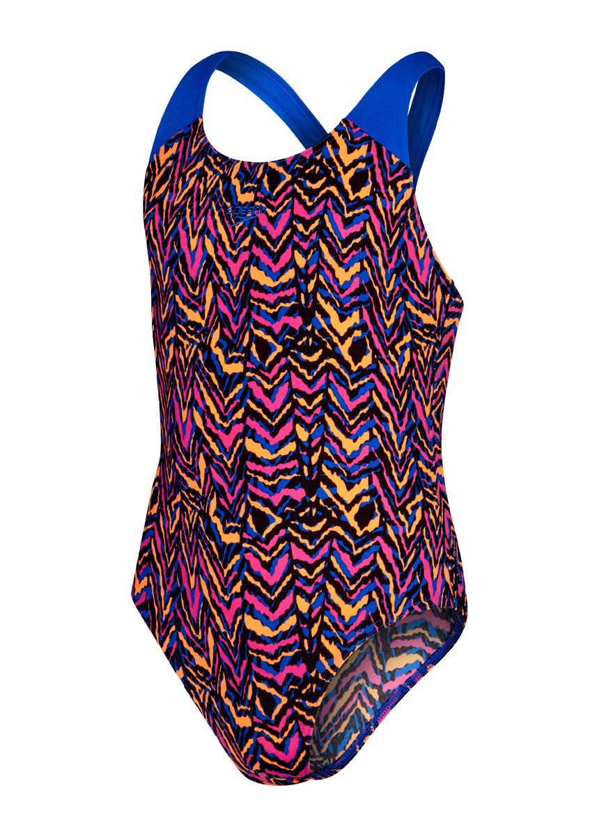 Speedo Girl's Allover Splashback Swimsuit - Black/ Blue Flame/ Boost Orange/ Rose Violet-573468