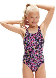 Speedo Girl's Allover Medalist Swimsuit - Black/ Rose Violet/ Miami Lilac/ Sunblaze