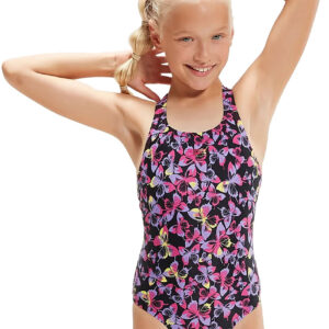 Speedo Girl's Allover Medalist Swimsuit - Black/ Rose Violet/ Miami Lilac/ Sunblaze