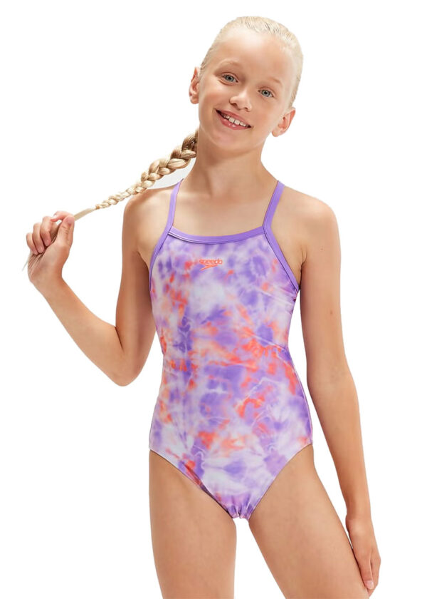 Speedo Girl's Printed Thinstrap Muscleback Swimsuit - Miami Lilac/ Soft Coral/White
