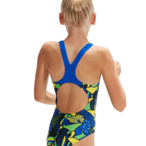 Speedo Girl’s Allover Splashback Swimsuit – Black/ Blue Flame/ Bright Yellow/ Fluo Green