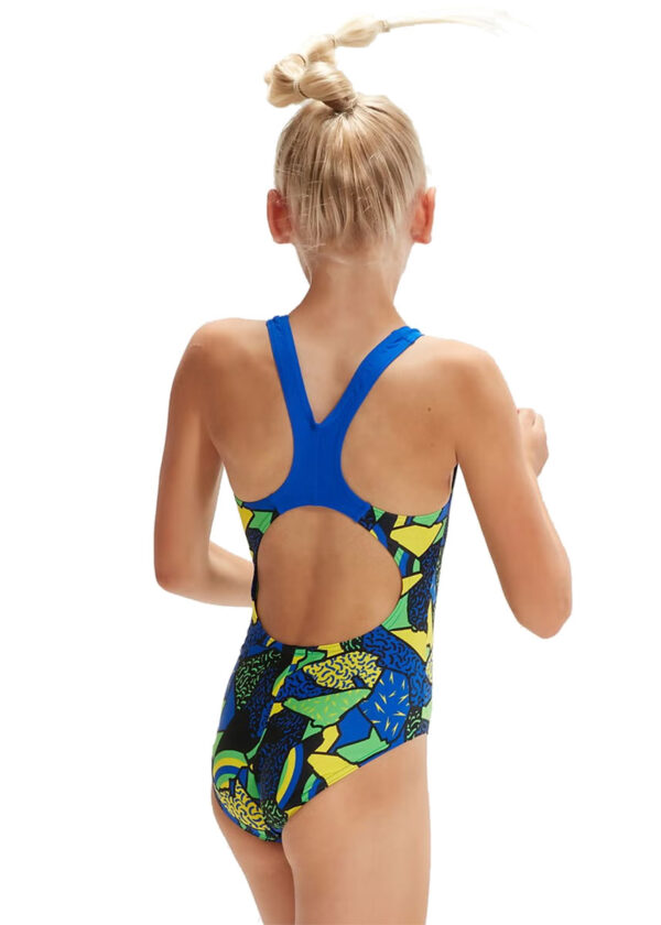 Speedo Girl’s Allover Splashback Swimsuit – Black/ Blue Flame/ Bright Yellow/ Fluo Green