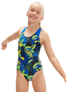 Speedo Girl's Allover Splashback Swimsuit - Black/ Blue Flame/ Bright Yellow/ Fluo Green