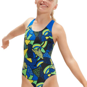 Speedo Girl's Allover Splashback Swimsuit - Black/ Blue Flame/ Bright Yellow/ Fluo Green