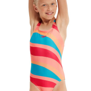 Speedo Girl's Printed Medalist Swimsuit - Soft Coral/ Nectarine/ Aquarium/ Blush Our Price £9.89