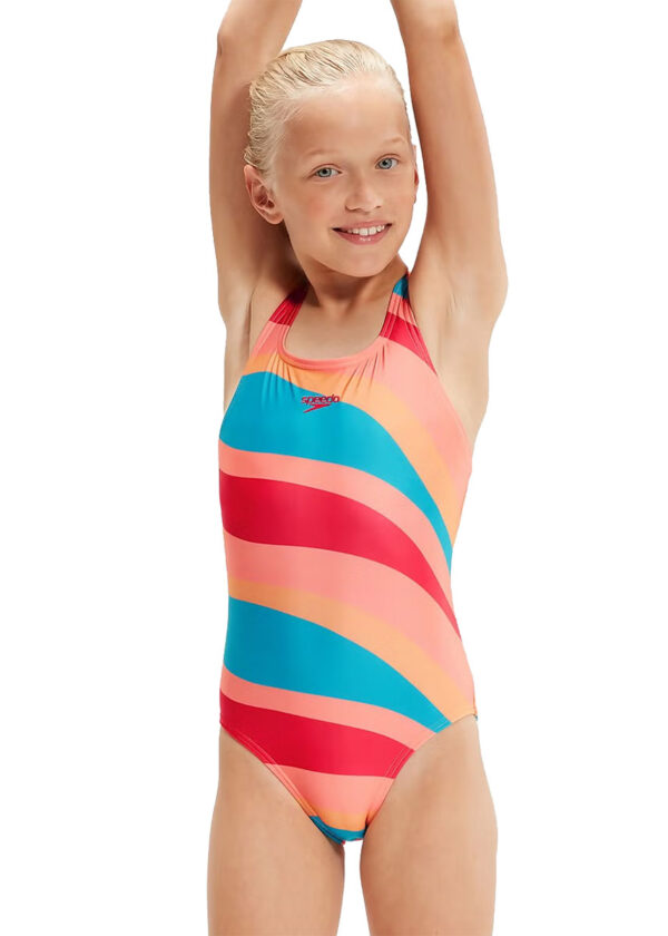 Speedo Girl's Printed Medalist Swimsuit - Soft Coral/ Nectarine/ Aquarium/ Blush Our Price £9.89