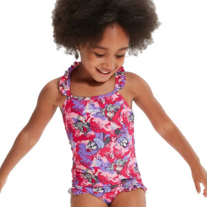 Speedo Girls Learn to Swim Printed Frill Thinstrap Swimsuit - Cherry Pink / Sweet Taro / Hellium