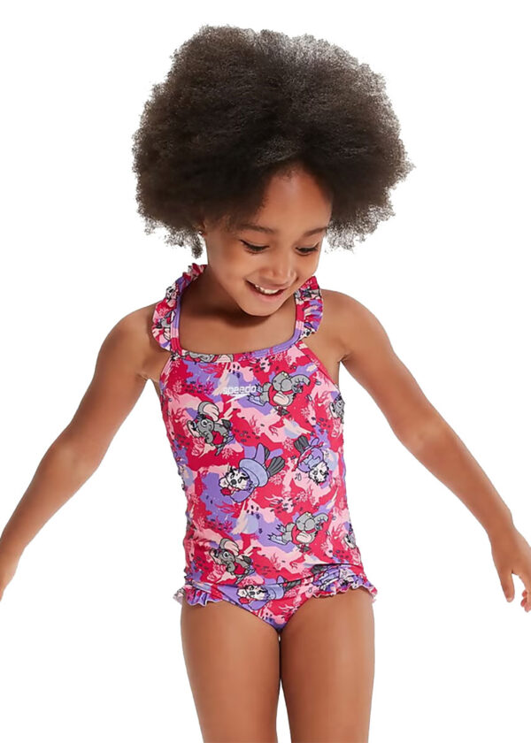 Speedo Girls Learn to Swim Printed Frill Thinstrap Swimsuit - Cherry Pink / Sweet Taro / Hellium