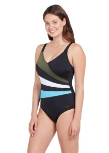 Zoggs Wrap Panel Classicback Swimsuit - Khaki/White/Light Blue