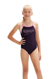Speedo Girls Logo Thinstrap Muscleback Swimsuit - True Navy / Candy Vibe