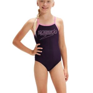 SPEEDO GIRLS LOGO THINSTRAP MUSCLEBACK SWIMSUIT - TRUE NAVY / CANDY VIBE