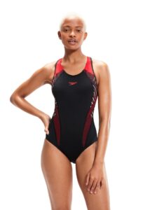 Speedo Placement Laneback Swimsuit - Black/ Fed Red/ White